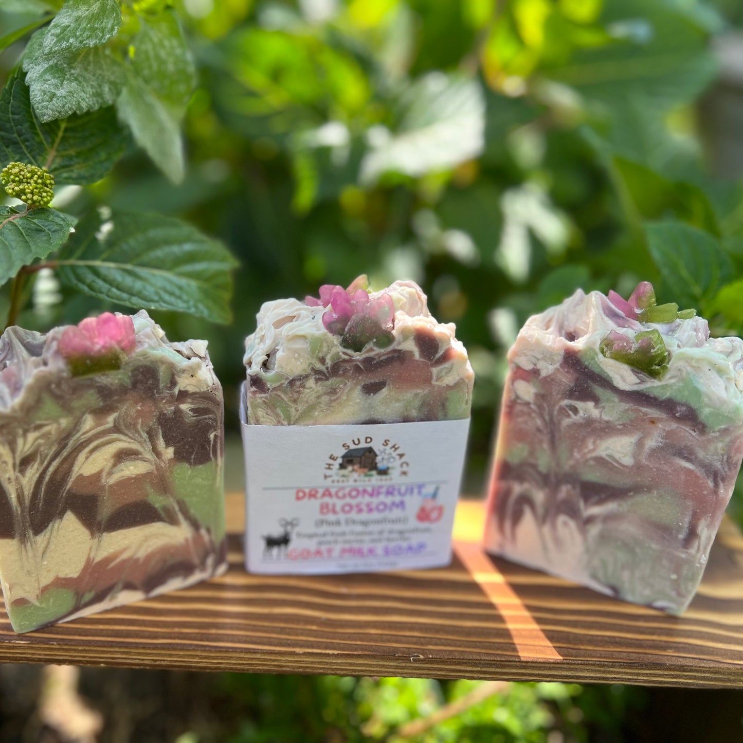 Three soap bars with natural designs on a wooden surface with a green leafy background