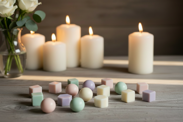 wax melts on a wooden table with candles and flowers in the background