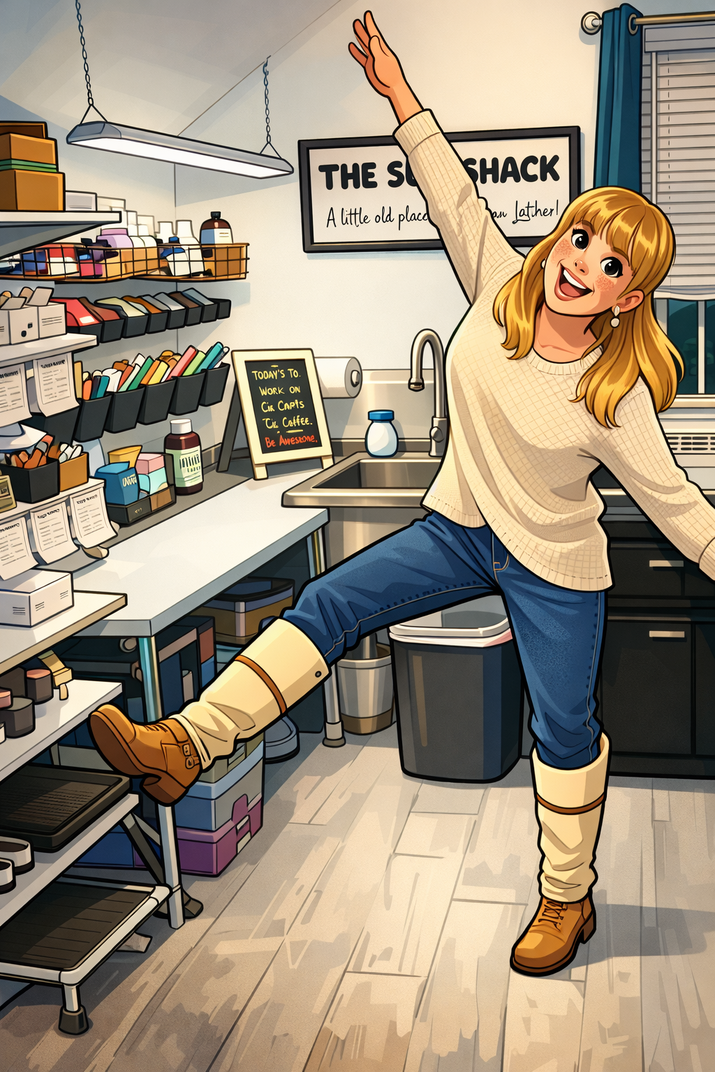 Person in a kitchen with shelves and a sink, wearing a beige sweater and blue pants.