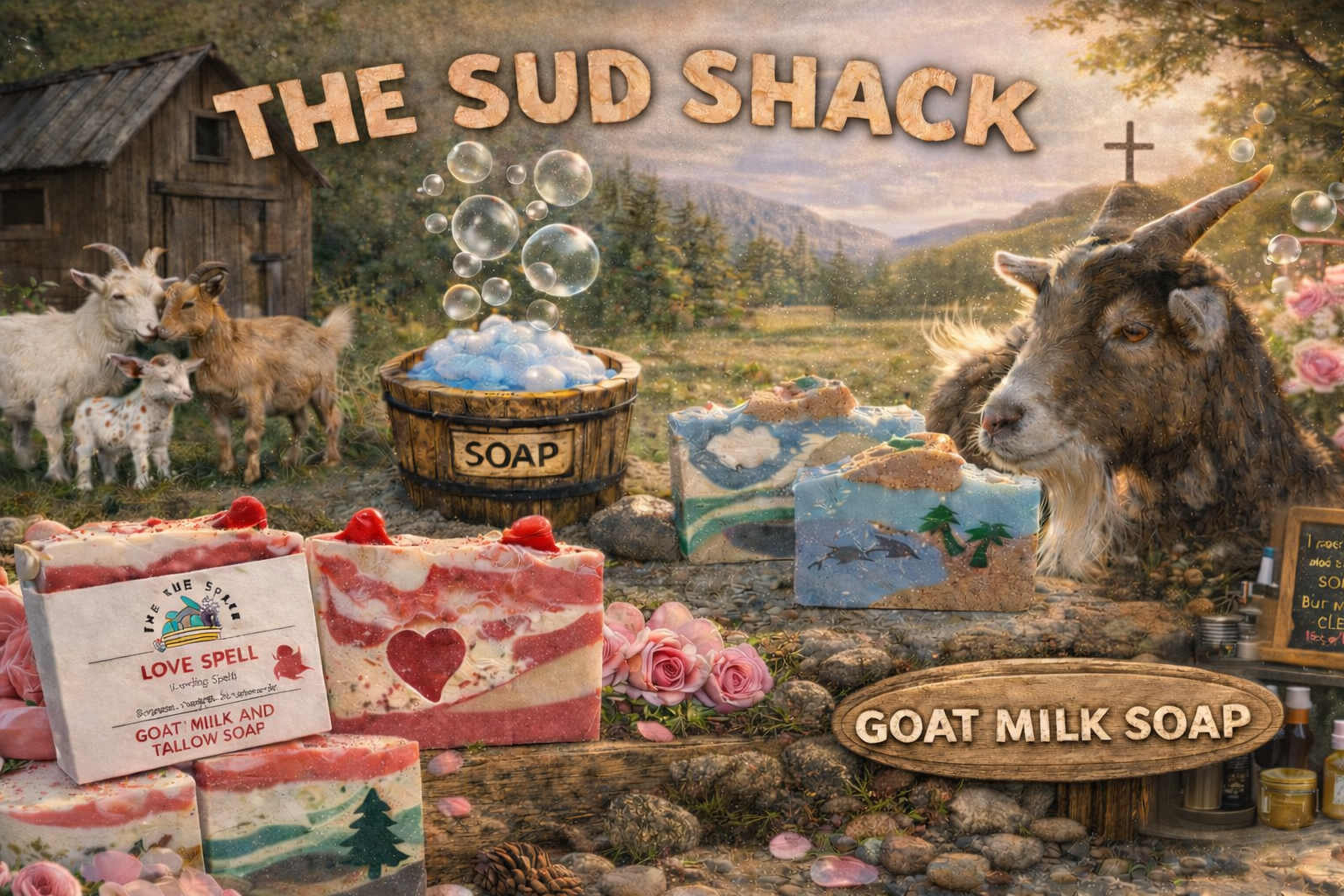 Promotional image for 'The Sud Shack' featuring goats, soap bars, and a scenic background.