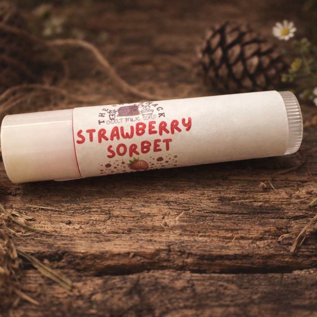Goat milk Lip balm stick labeled 'Strawberry Sorbet' on a wooden surface with natural elements.