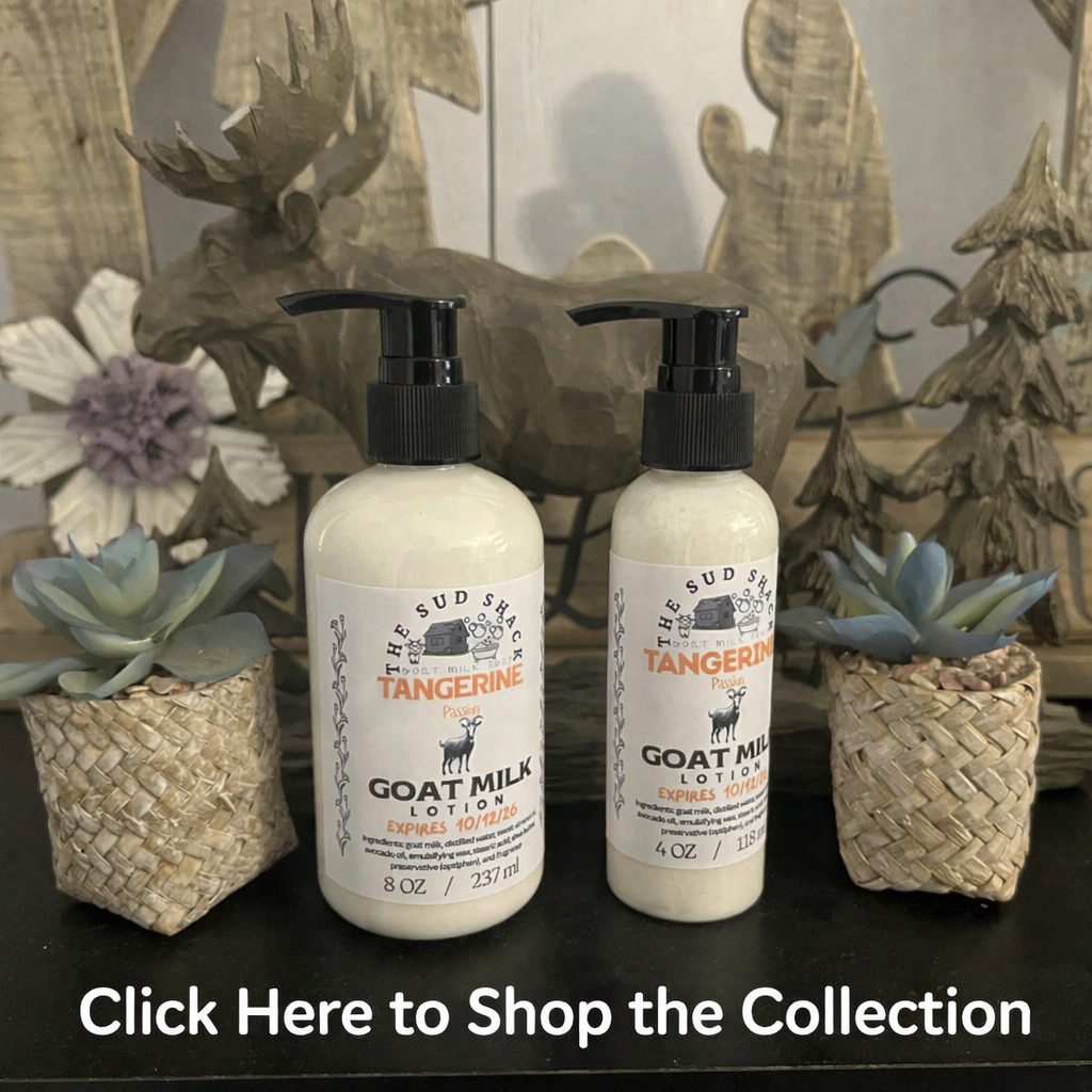 Two bottles of Tangerine Goat Milk Lotion with decorative elements in the background.