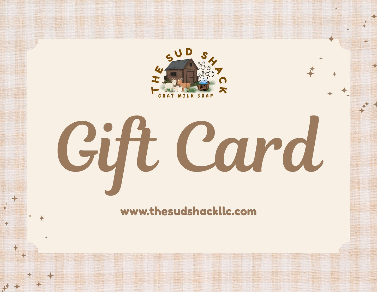 Gift card from The Sud Shack with a checkered background