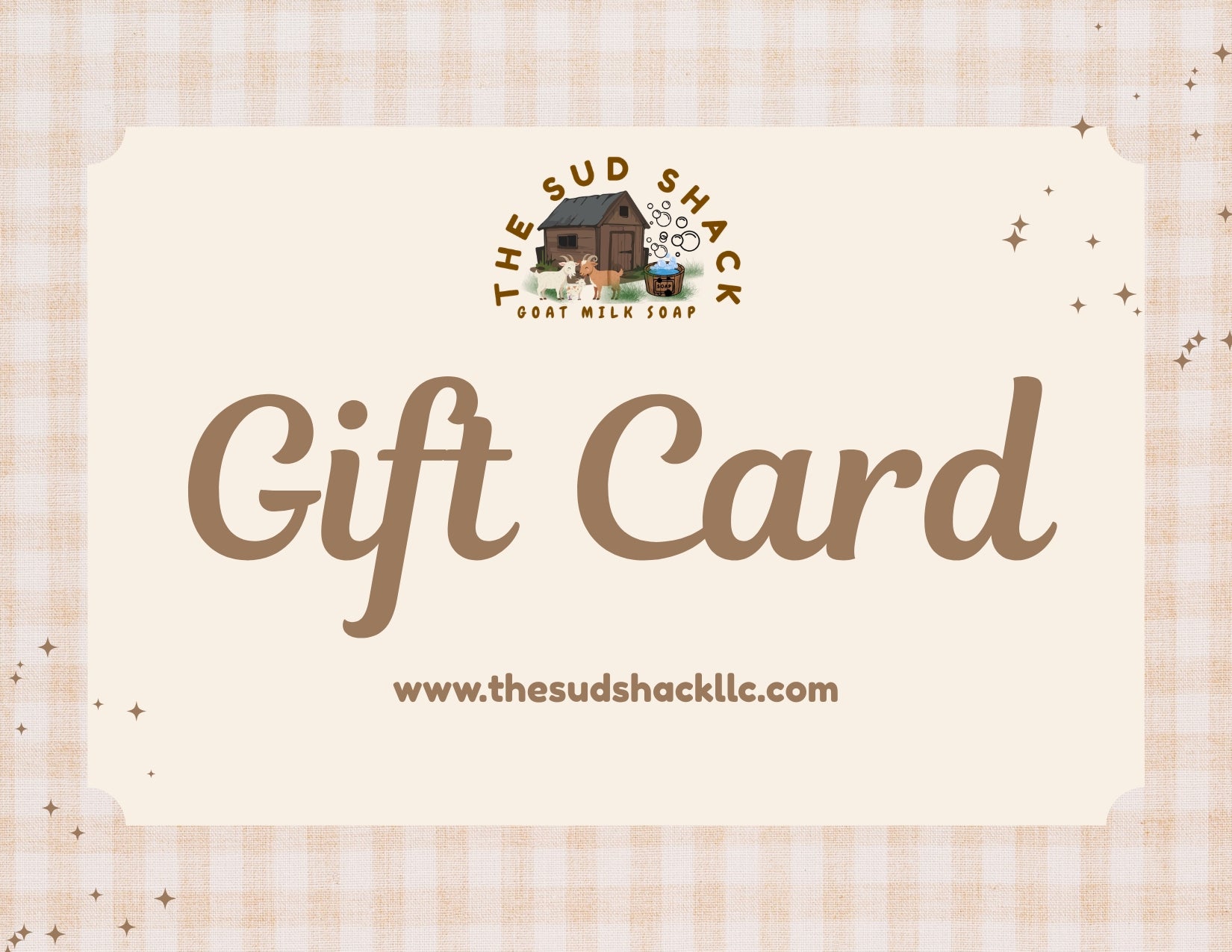 Gift card from The Sud Shack with a checkered background