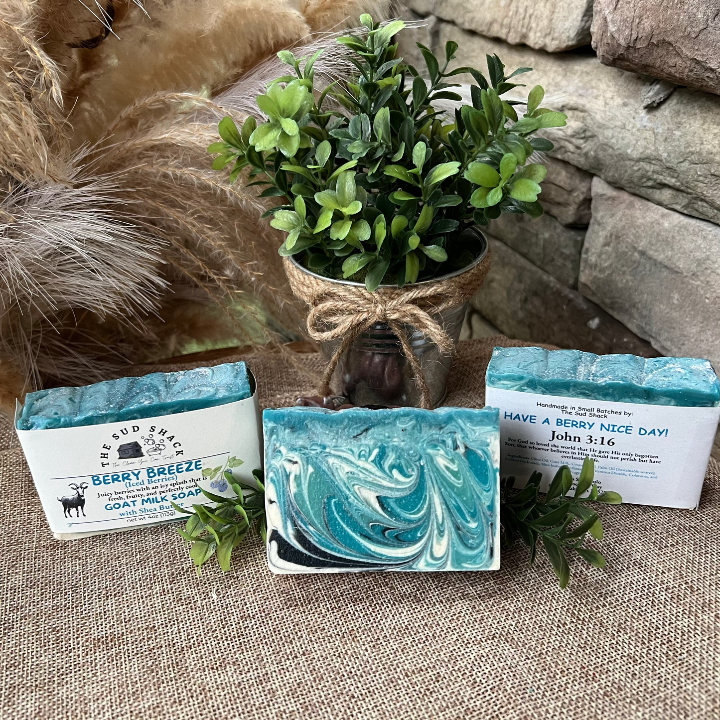 Three soap bars with labels on a textured surface with plants and a dog.