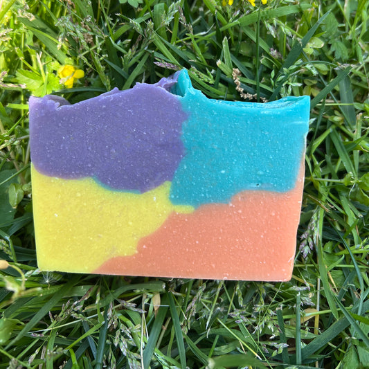 Colorful soap bar on grass