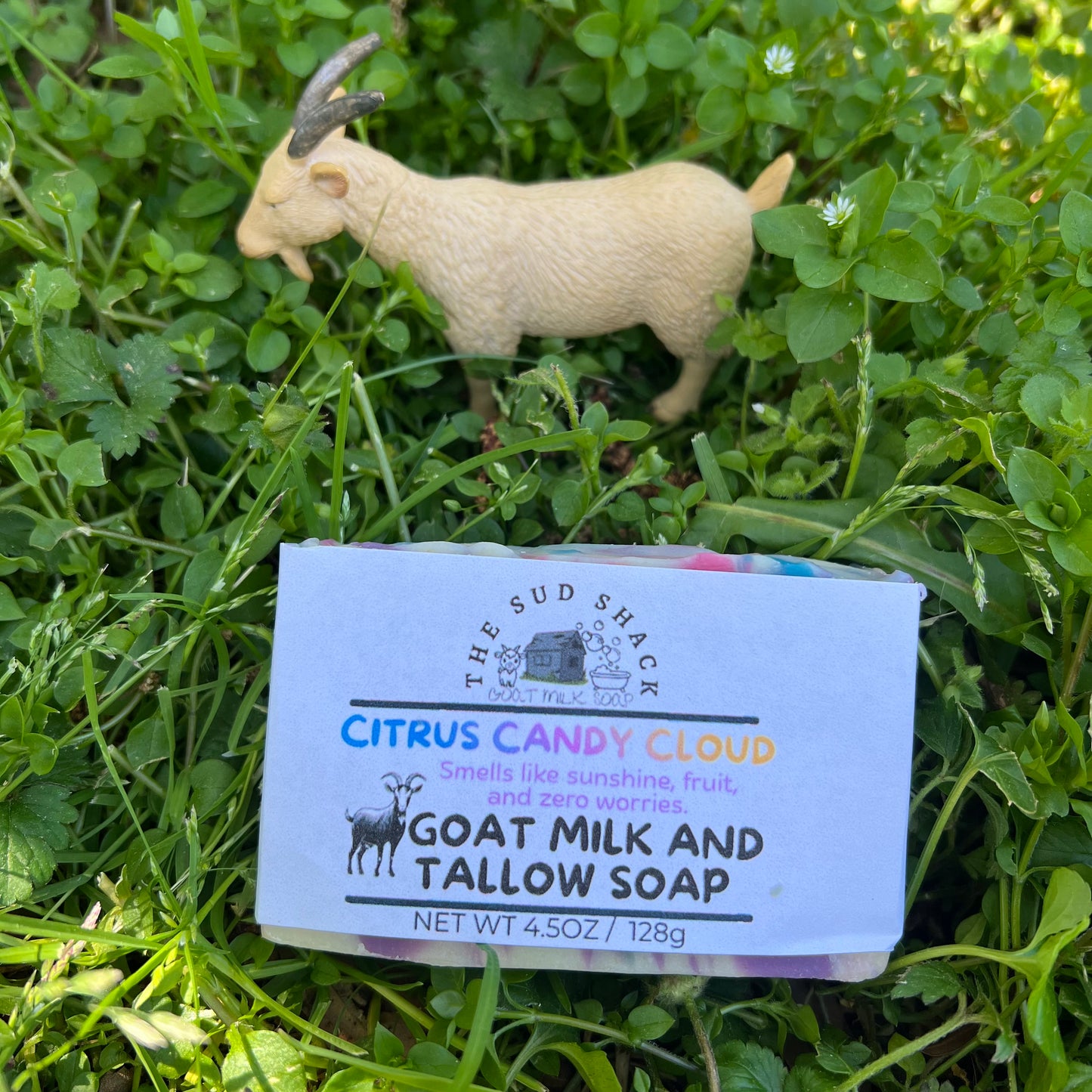 Bar of soap with packaging labeled 'Citrus Candy Cloud' from 'The Sud Shack' on grass.