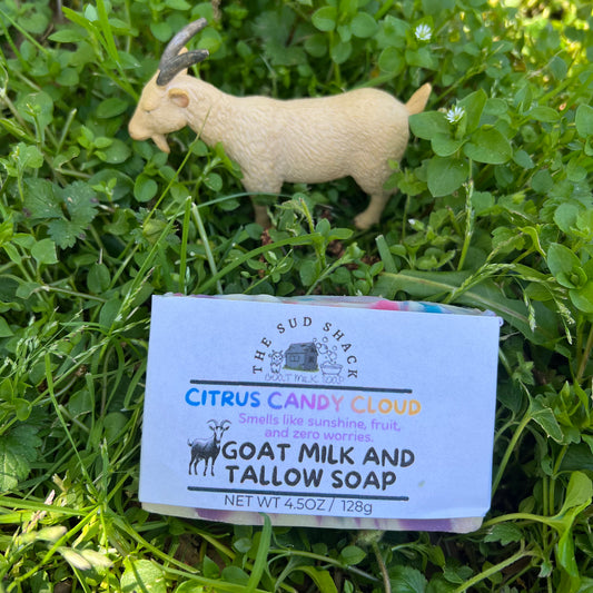 Bar of soap with packaging labeled 'Citrus Candy Cloud' from 'The Sud Shack' on grass.