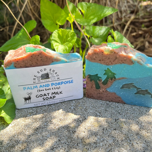 Goat milk soap with a label on a sandy surface with a dolphin and palm trees with greenery in the background